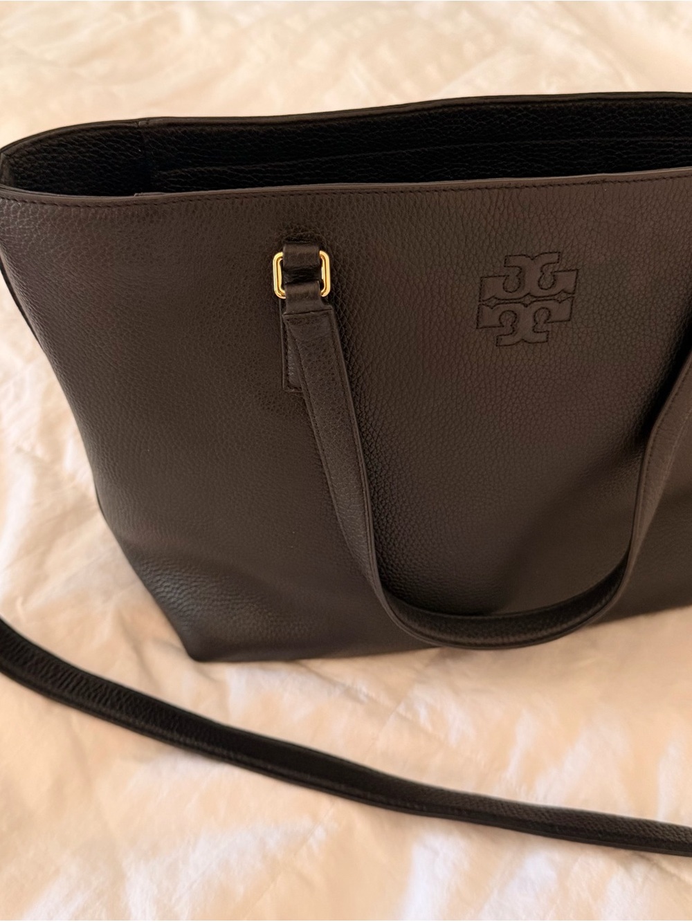 Tory Burch Black Pebbled Leather Tote with Gold Accents